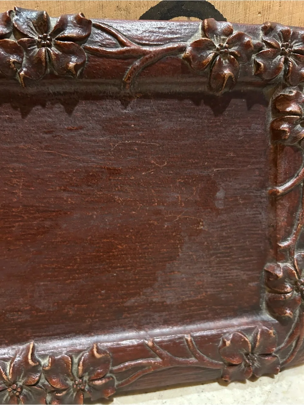 Vintage Syroco wooden tray w/intricate floral carvings and handles